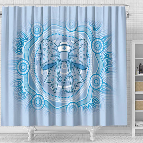 Aussie Nurse Shower Curtain Blue Stethoscope Coquette Bow Aboriginal Dot Art