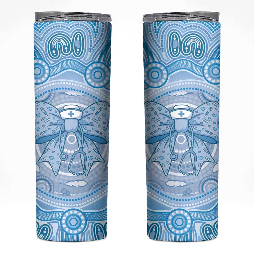 Aussie Nurse Personalised Skinny Tumbler Blue Stethoscope Coquette Bow Aboriginal Dot Art