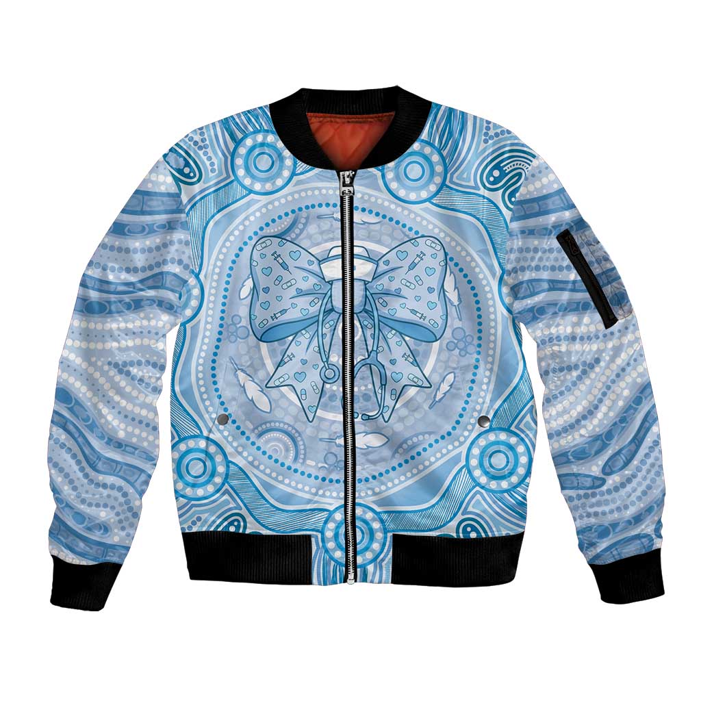 Aussie Nurse Personalised Sleeve Zip Bomber Jacket Blue Stethoscope Coquette Bow Aboriginal Dot Art