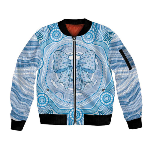 Aussie Nurse Personalised Sleeve Zip Bomber Jacket Blue Stethoscope Coquette Bow Aboriginal Dot Art