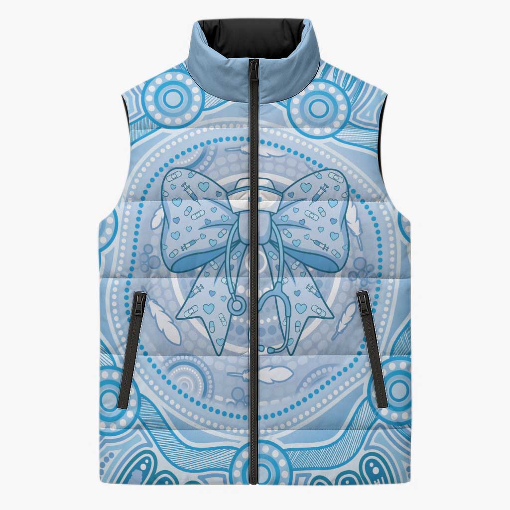 Aussie Nurse Personalised Sleeveless Puffer Jacket Blue Stethoscope Coquette Bow Aboriginal Dot Art