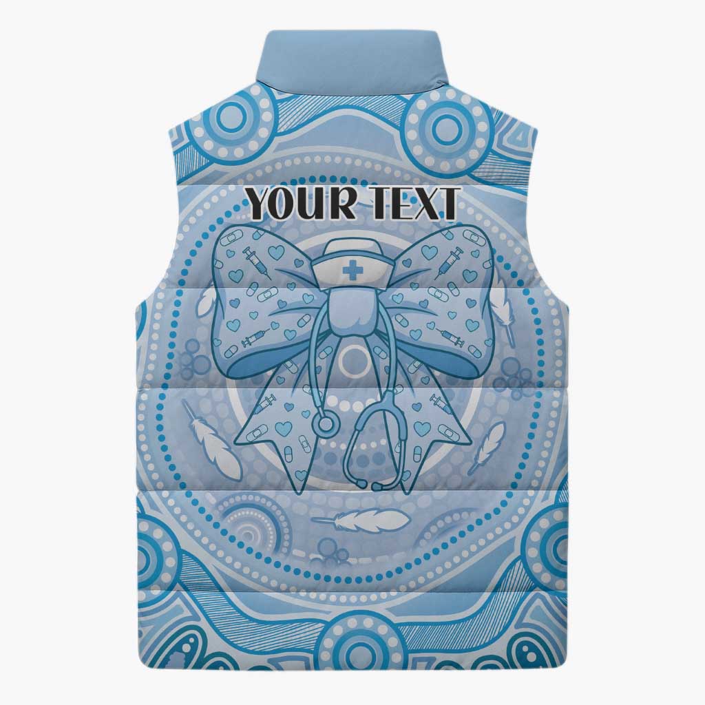 Aussie Nurse Personalised Sleeveless Puffer Jacket Blue Stethoscope Coquette Bow Aboriginal Dot Art