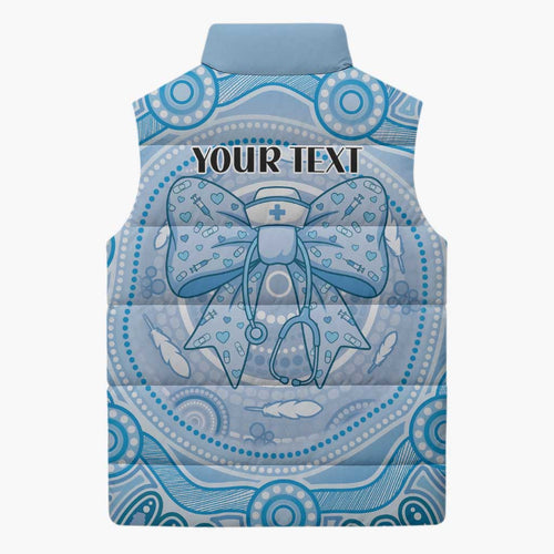 Aussie Nurse Personalised Sleeveless Puffer Jacket Blue Stethoscope Coquette Bow Aboriginal Dot Art