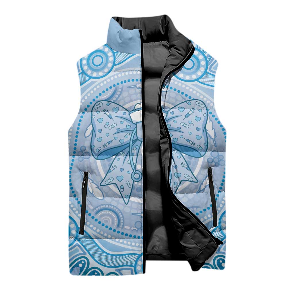 Aussie Nurse Personalised Sleeveless Puffer Jacket Blue Stethoscope Coquette Bow Aboriginal Dot Art