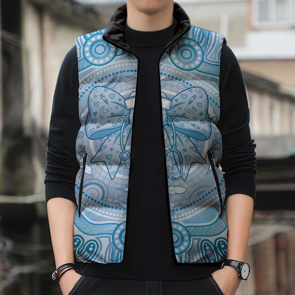 Aussie Nurse Personalised Sleeveless Puffer Jacket Blue Stethoscope Coquette Bow Aboriginal Dot Art