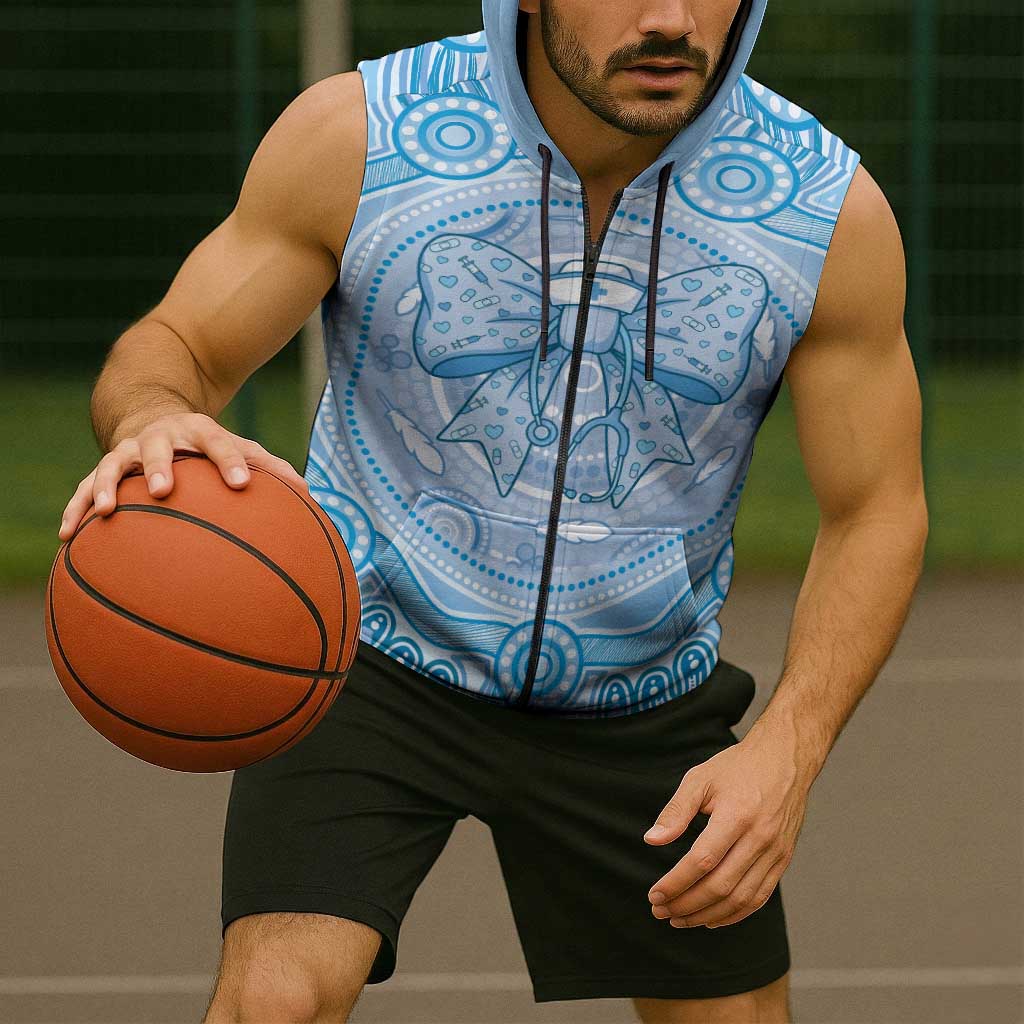 Aussie Nurse Personalised Sleeveless Zip Hoodie Blue Stethoscope Coquette Bow Aboriginal Dot Art