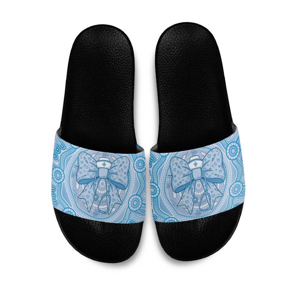 Aussie Nurse Slide Sandals Blue Stethoscope Coquette Bow Aboriginal Dot Art