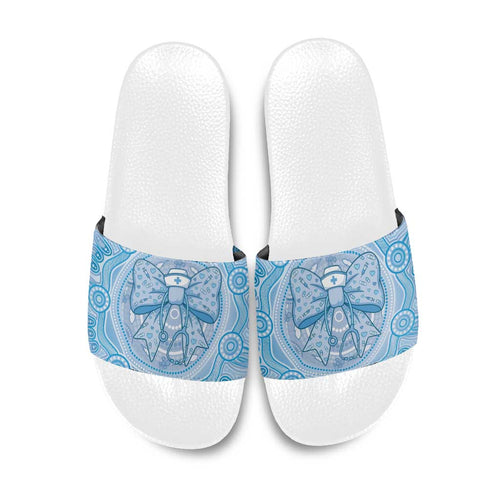 Aussie Nurse Slide Sandals Blue Stethoscope Coquette Bow Aboriginal Dot Art