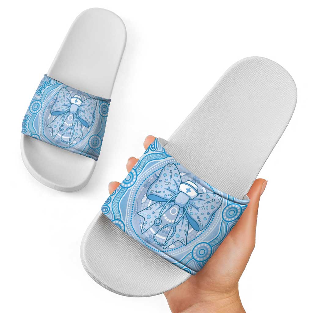Aussie Nurse Slide Sandals Blue Stethoscope Coquette Bow Aboriginal Dot Art