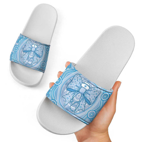 Aussie Nurse Slide Sandals Blue Stethoscope Coquette Bow Aboriginal Dot Art
