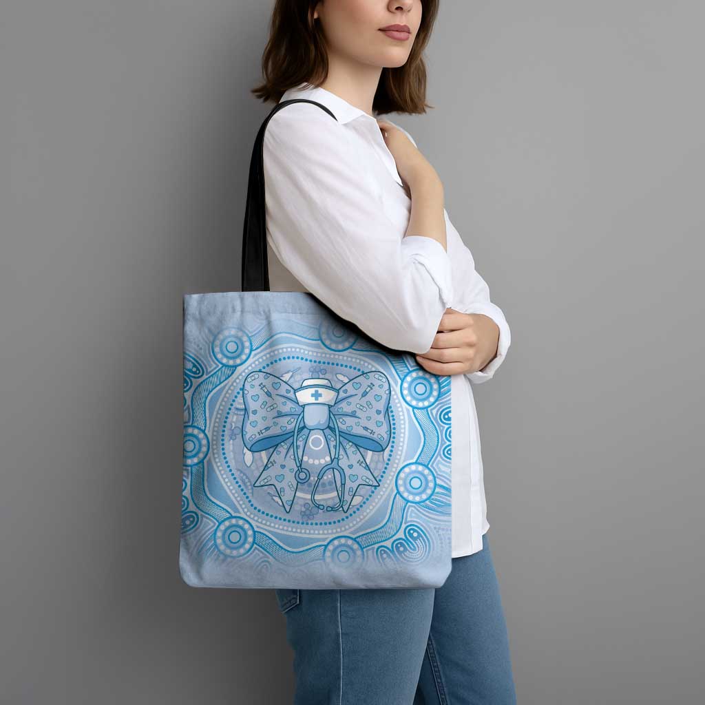 Aussie Nurse Tote Bag Blue Stethoscope Coquette Bow Aboriginal Dot Art