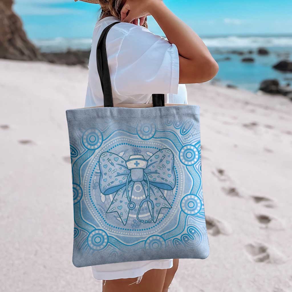 Aussie Nurse Tote Bag Blue Stethoscope Coquette Bow Aboriginal Dot Art