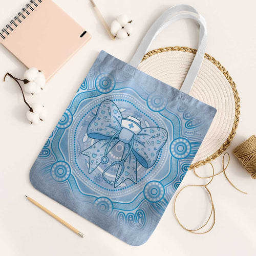 Aussie Nurse Tote Bag Blue Stethoscope Coquette Bow Aboriginal Dot Art