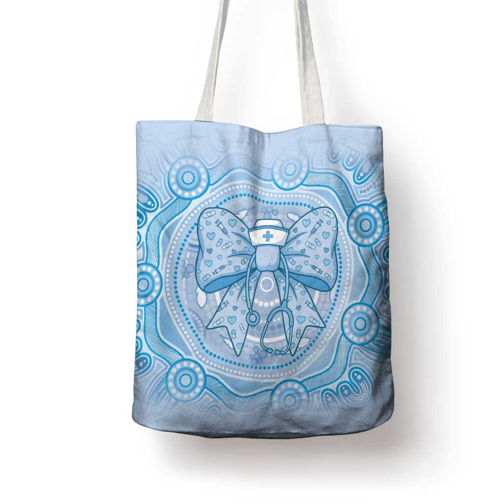 Aussie Nurse Tote Bag Blue Stethoscope Coquette Bow Aboriginal Dot Art