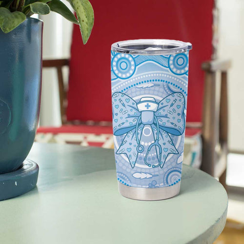 Aussie Nurse Personalised Tumbler Cup Blue Stethoscope Coquette Bow Aboriginal Dot Art