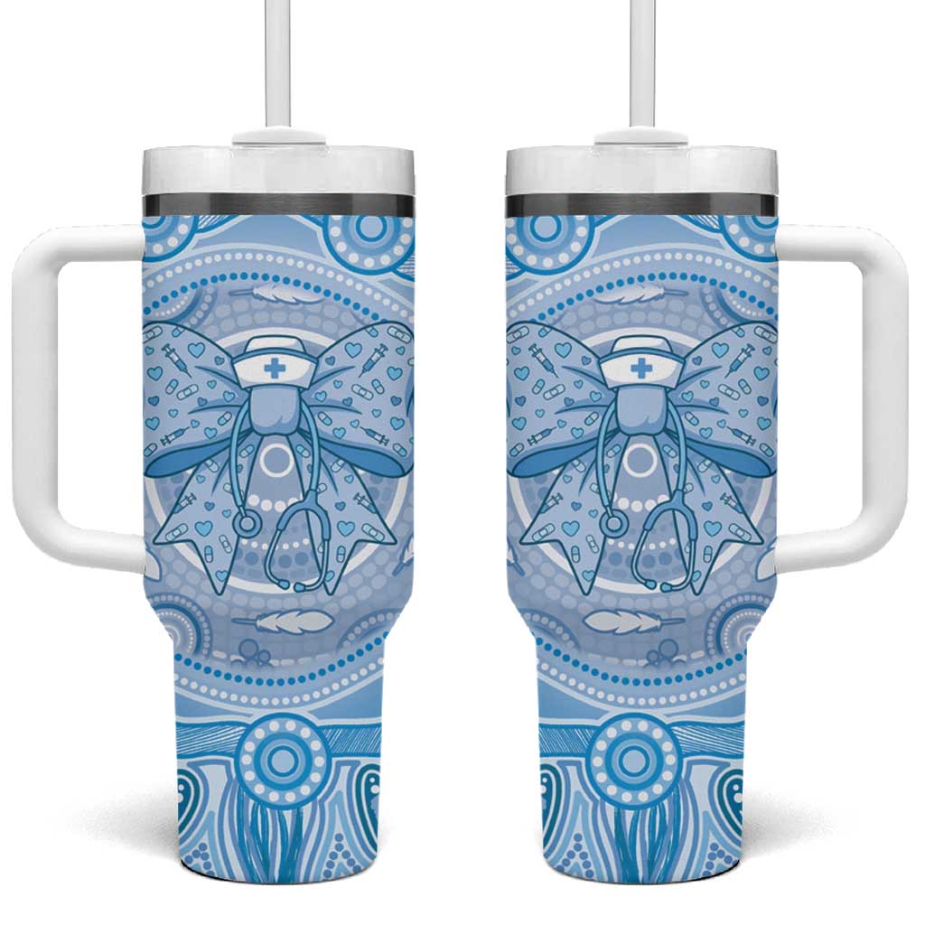 Aussie Nurse Personalised Tumbler With Handle Blue Stethoscope Coquette Bow Aboriginal Dot Art