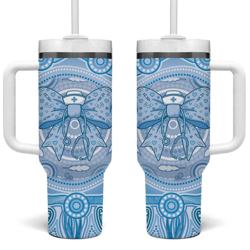 Aussie Nurse Personalised Tumbler With Handle Blue Stethoscope Coquette Bow Aboriginal Dot Art