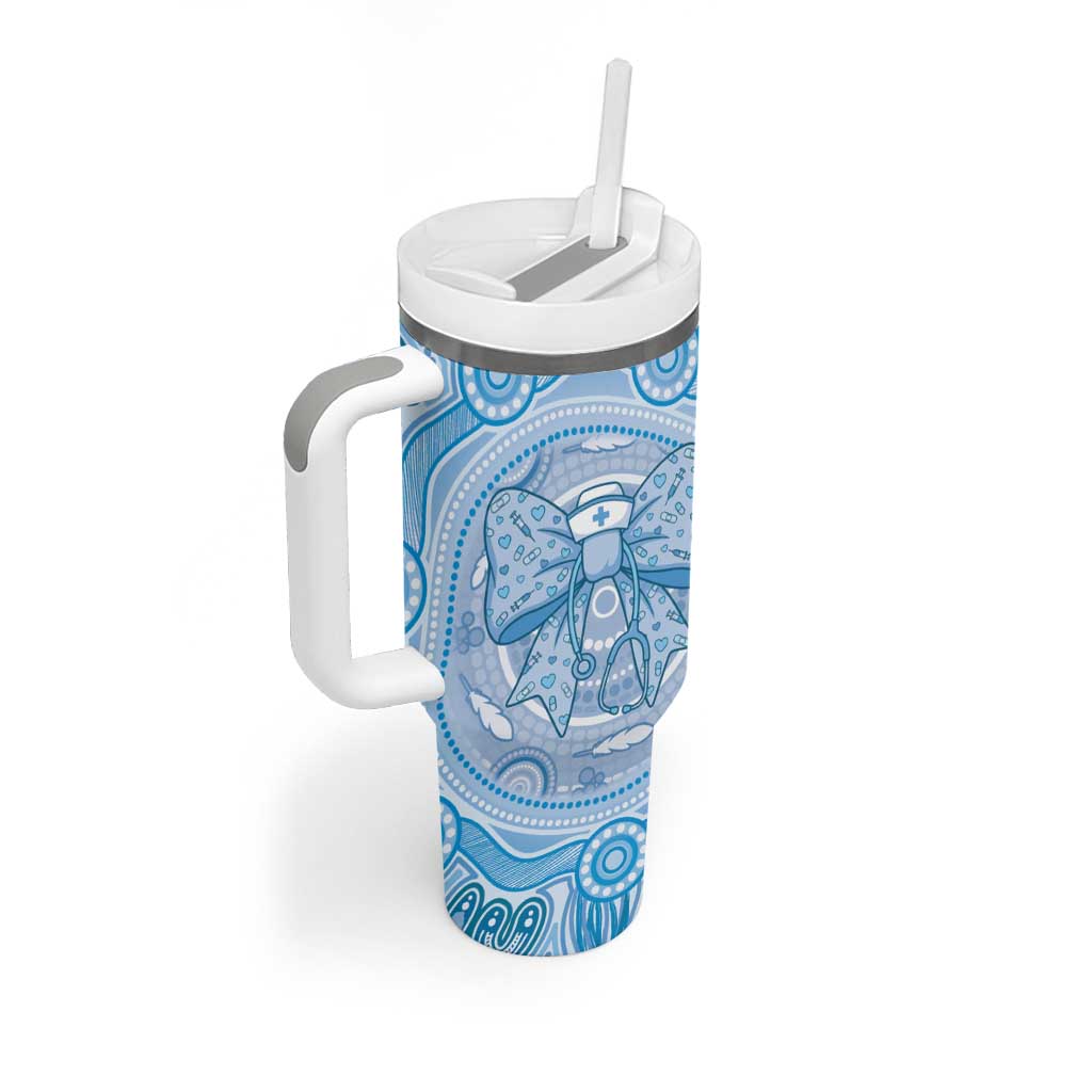 Aussie Nurse Personalised Tumbler With Handle Blue Stethoscope Coquette Bow Aboriginal Dot Art
