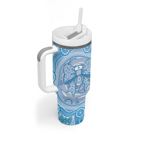 Aussie Nurse Personalised Tumbler With Handle Blue Stethoscope Coquette Bow Aboriginal Dot Art