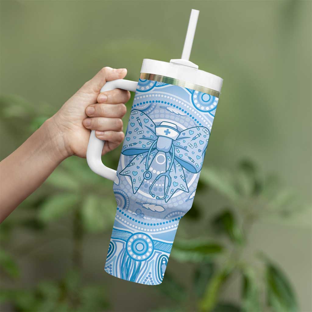 Aussie Nurse Personalised Tumbler With Handle Blue Stethoscope Coquette Bow Aboriginal Dot Art
