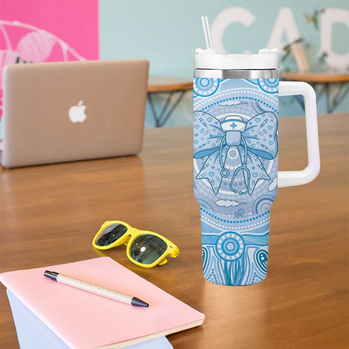 Aussie Nurse Personalised Tumbler With Handle Blue Stethoscope Coquette Bow Aboriginal Dot Art