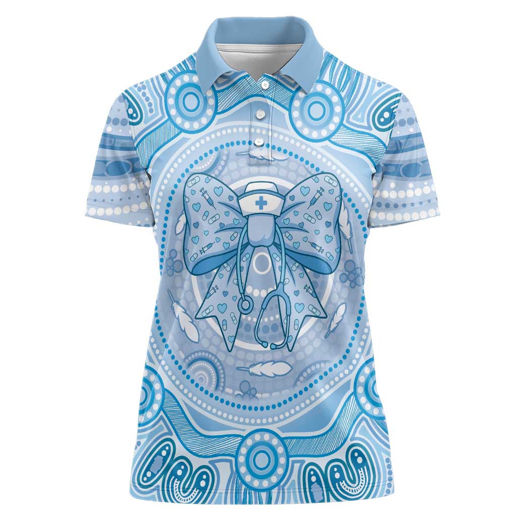 Aussie Nurse Personalised Women Polo Shirt Blue Stethoscope Coquette Bow Aboriginal Dot Art