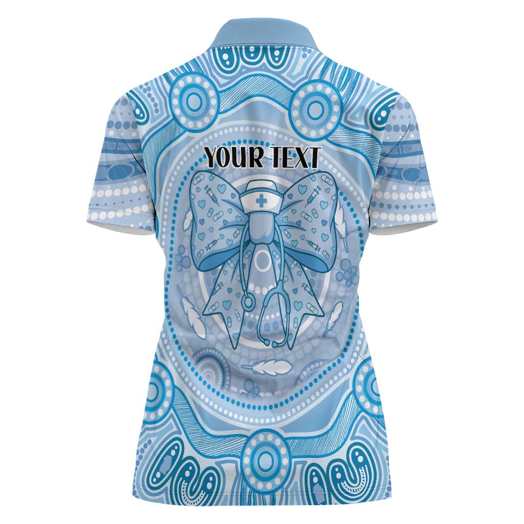 Aussie Nurse Personalised Women Polo Shirt Blue Stethoscope Coquette Bow Aboriginal Dot Art