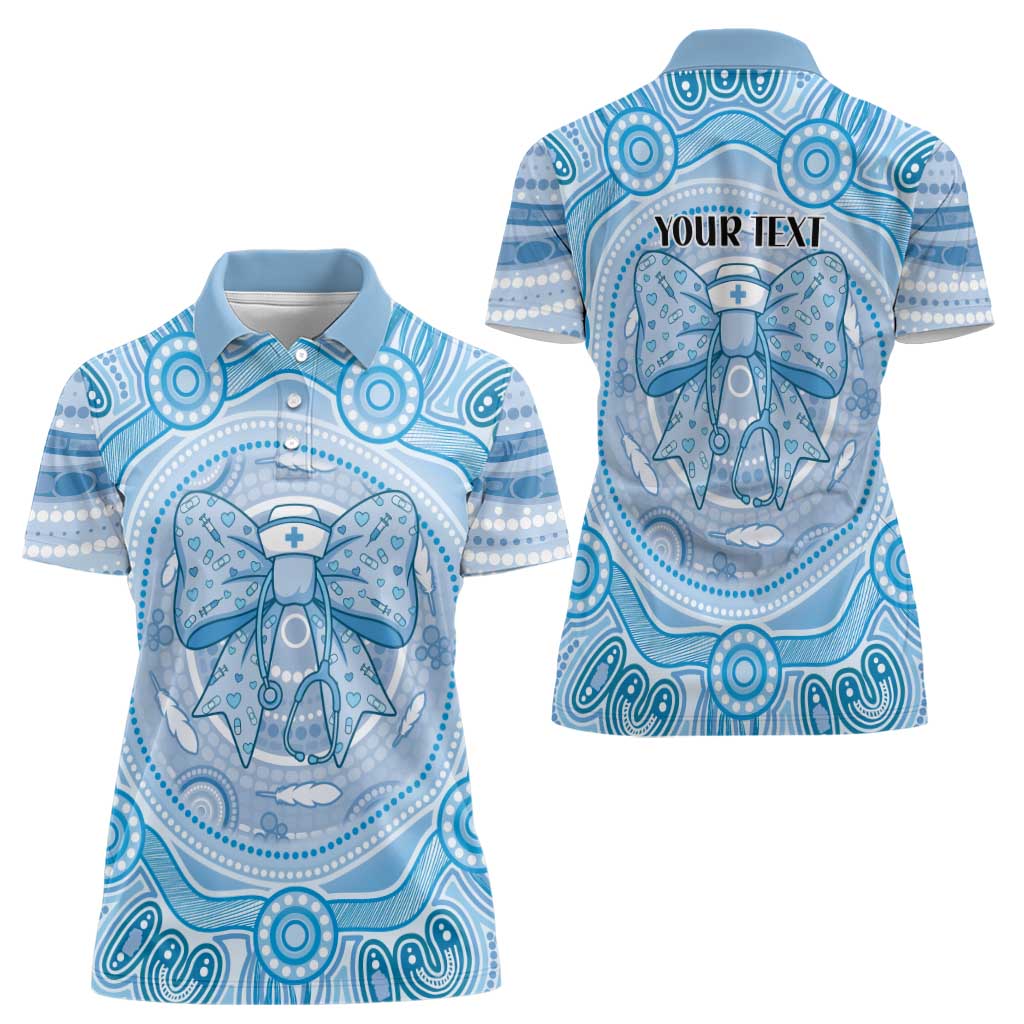 Aussie Nurse Personalised Women Polo Shirt Blue Stethoscope Coquette Bow Aboriginal Dot Art