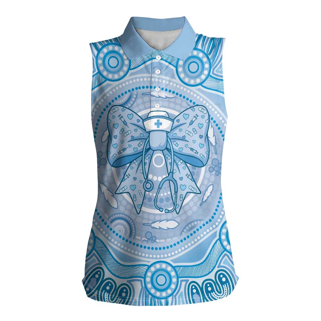 Aussie Nurse Personalised Women Sleeveless Polo Shirt Blue Stethoscope Coquette Bow Aboriginal Dot Art