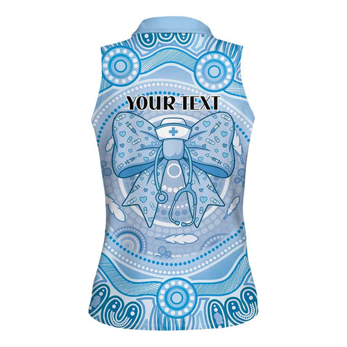 Aussie Nurse Personalised Women Sleeveless Polo Shirt Blue Stethoscope Coquette Bow Aboriginal Dot Art