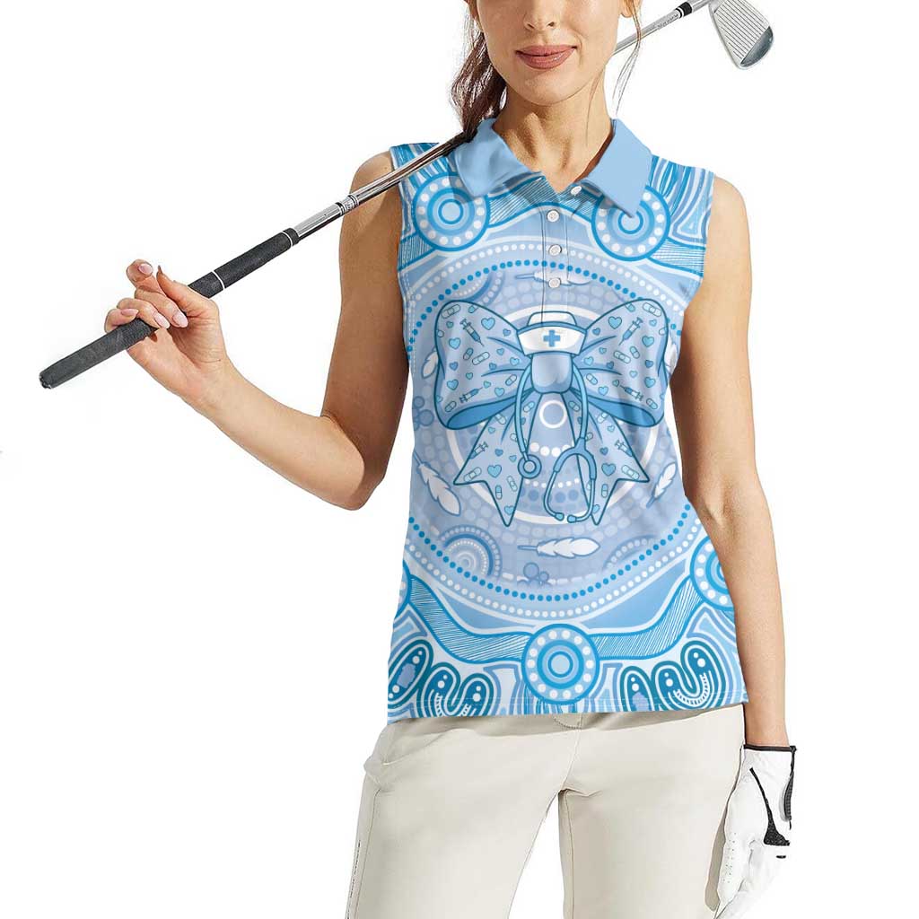 Aussie Nurse Personalised Women Sleeveless Polo Shirt Blue Stethoscope Coquette Bow Aboriginal Dot Art