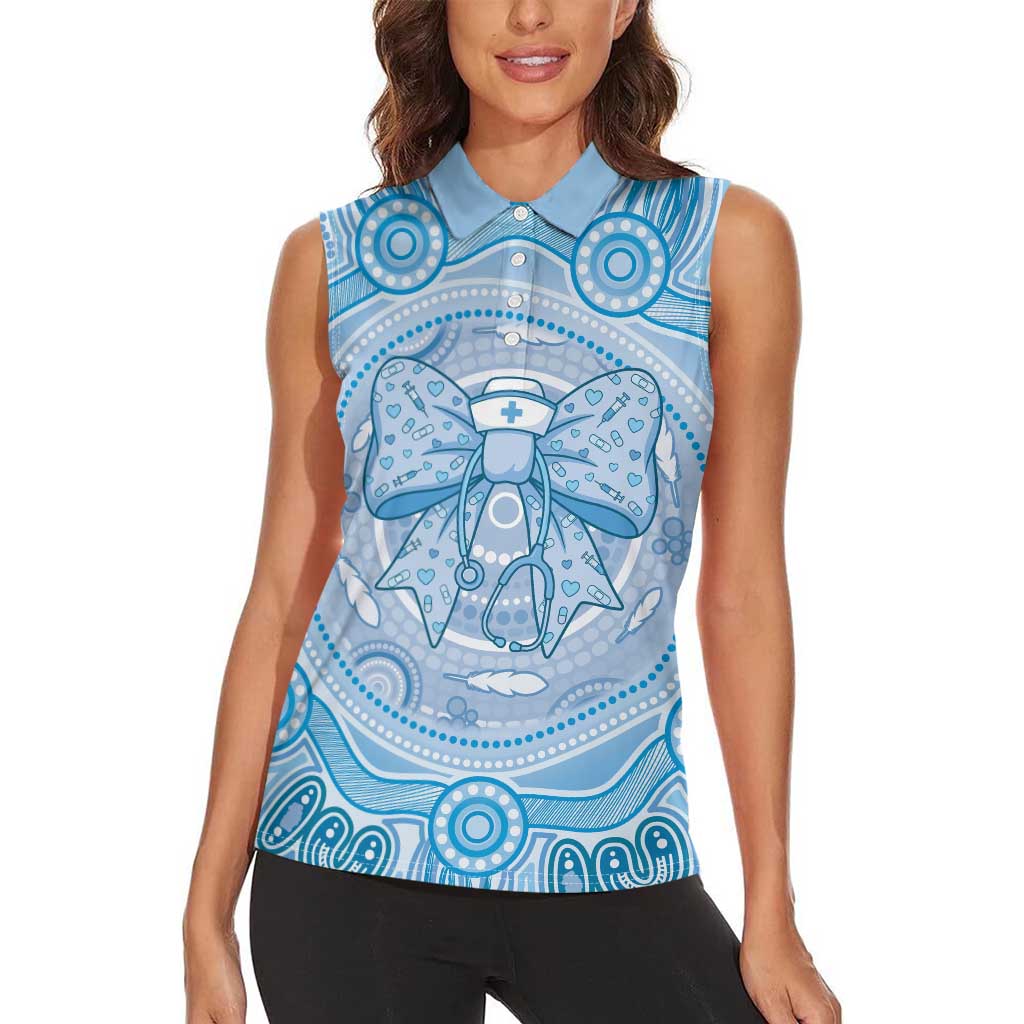 Aussie Nurse Personalised Women Sleeveless Polo Shirt Blue Stethoscope Coquette Bow Aboriginal Dot Art
