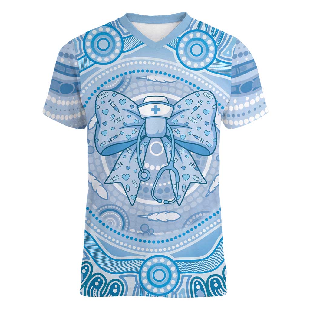 Aussie Nurse Personalised Women V-Neck T-Shirt Blue Stethoscope Coquette Bow Aboriginal Dot Art