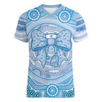 Aussie Nurse Personalised Women V-Neck T-Shirt Blue Stethoscope Coquette Bow Aboriginal Dot Art