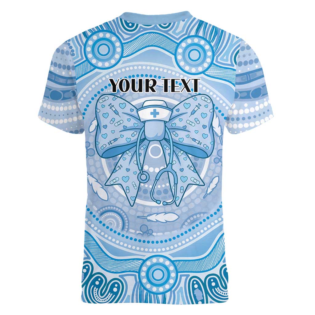 Aussie Nurse Personalised Women V-Neck T-Shirt Blue Stethoscope Coquette Bow Aboriginal Dot Art