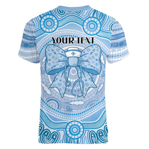 Aussie Nurse Personalised Women V-Neck T-Shirt Blue Stethoscope Coquette Bow Aboriginal Dot Art