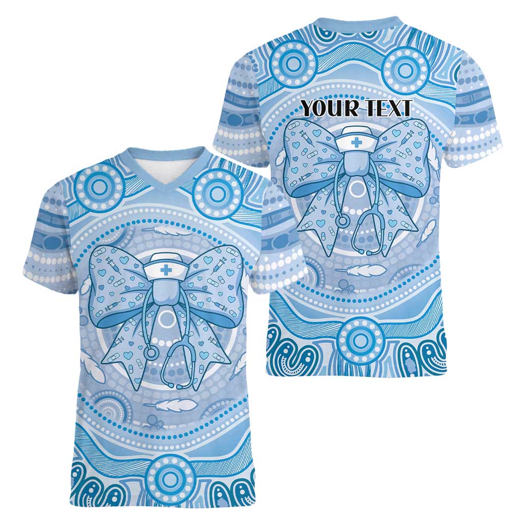 Aussie Nurse Personalised Women V-Neck T-Shirt Blue Stethoscope Coquette Bow Aboriginal Dot Art