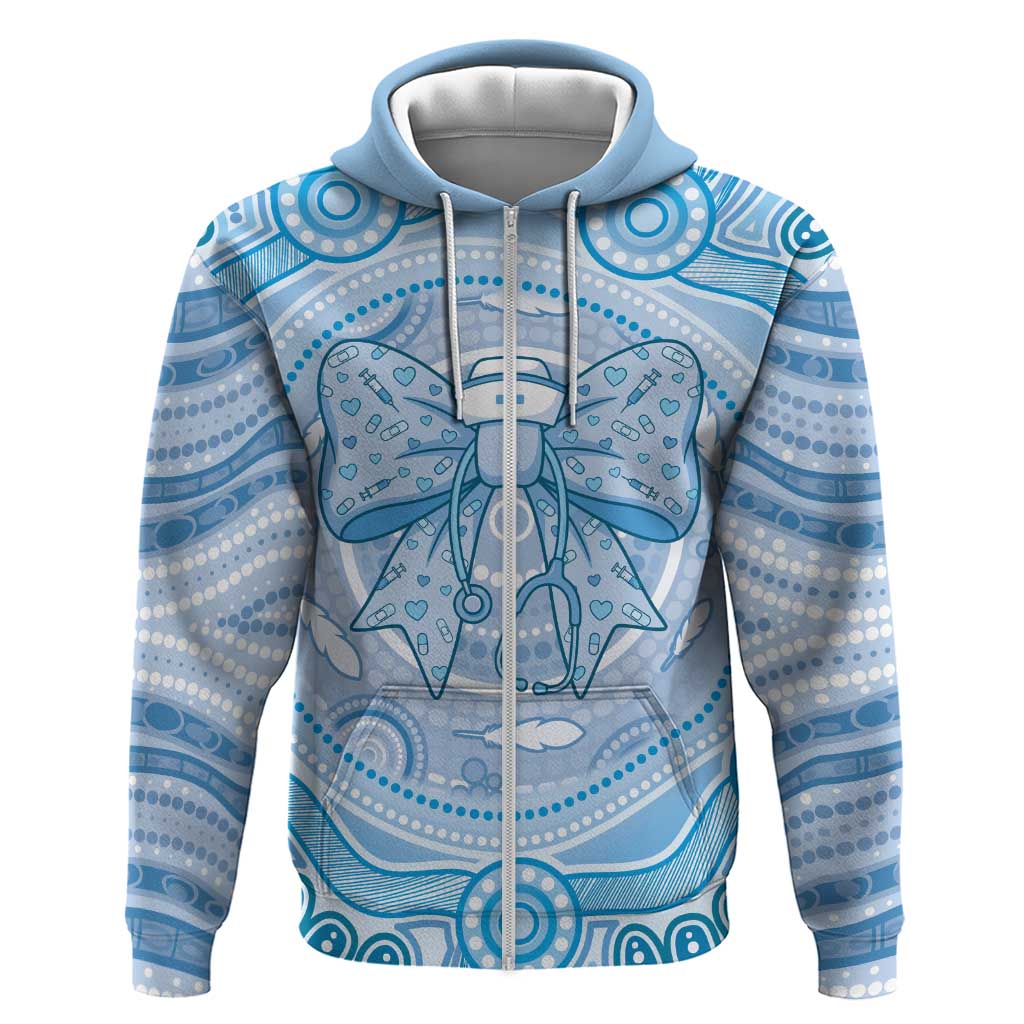 Aussie Nurse Personalised Zip Hoodie Blue Stethoscope Coquette Bow Aboriginal Dot Art