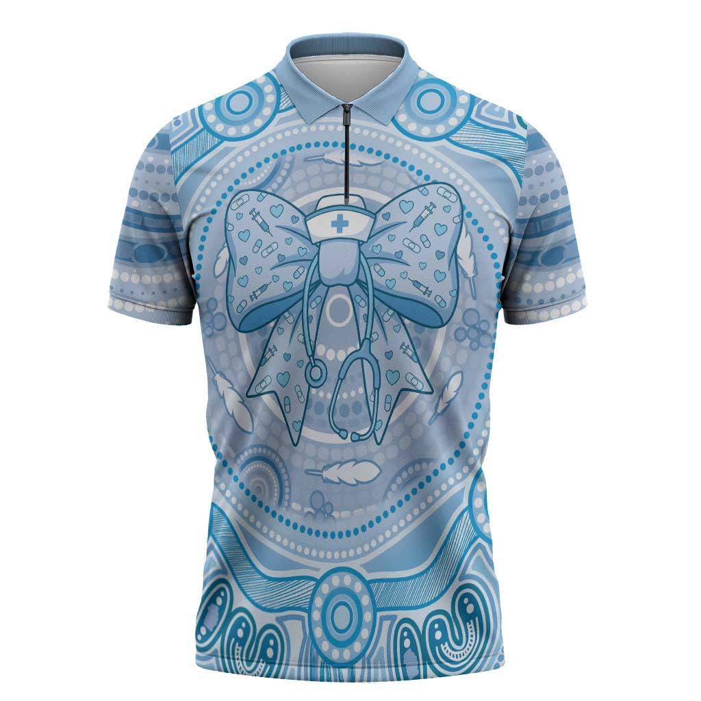 Aussie Nurse Personalised Zipper Polo Shirt Blue Stethoscope Coquette Bow Aboriginal Dot Art