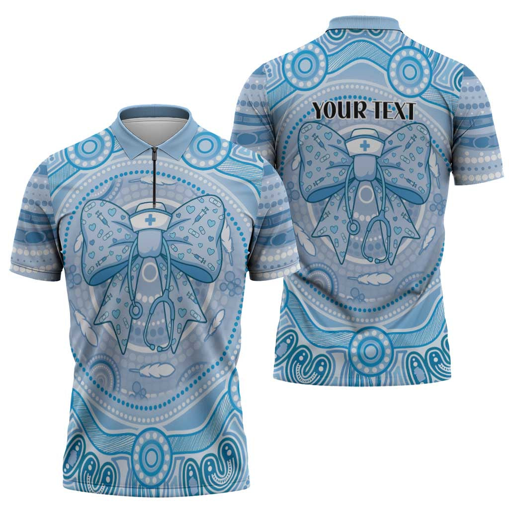 Aussie Nurse Personalised Zipper Polo Shirt Blue Stethoscope Coquette Bow Aboriginal Dot Art