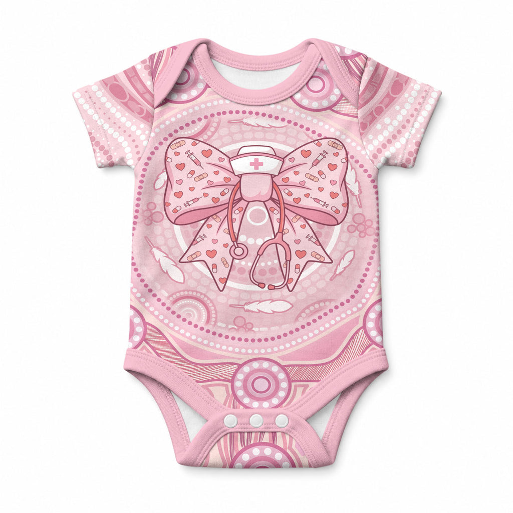 Aussie Nurse Personalised Baby Onesie Pink Stethoscope Coquette Bow Aboriginal Dot Art