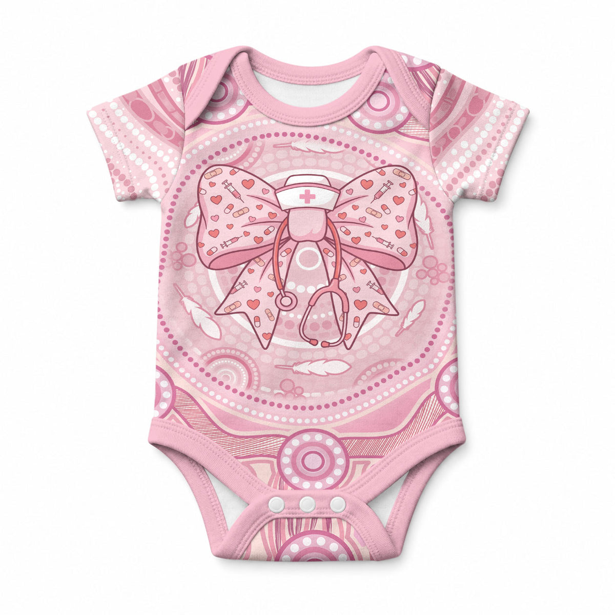 Aussie Nurse Personalised Baby Onesie Pink Stethoscope Coquette Bow Aboriginal Dot Art