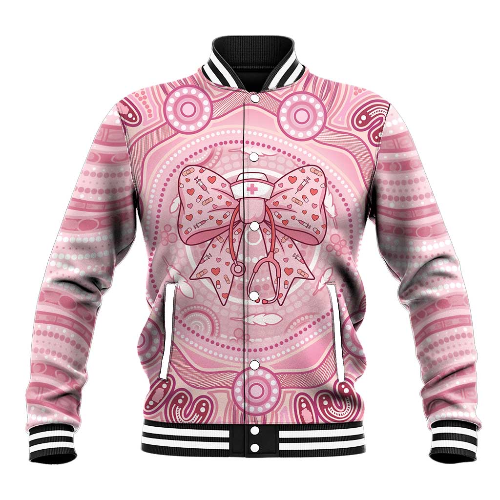 Aussie Nurse Personalised Baseball Jacket Pink Stethoscope Coquette Bow Aboriginal Dot Art