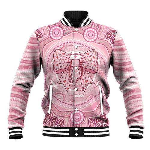 Aussie Nurse Personalised Baseball Jacket Pink Stethoscope Coquette Bow Aboriginal Dot Art