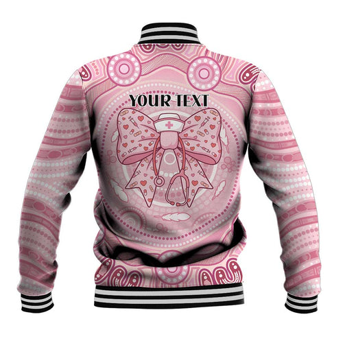 Aussie Nurse Personalised Baseball Jacket Pink Stethoscope Coquette Bow Aboriginal Dot Art