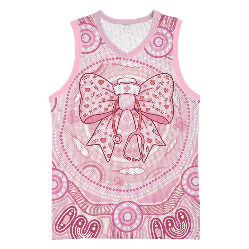 Aussie Nurse Personalised Basketball Jersey Pink Stethoscope Coquette Bow Aboriginal Dot Art