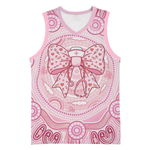 Aussie Nurse Personalised Basketball Jersey Pink Stethoscope Coquette Bow Aboriginal Dot Art