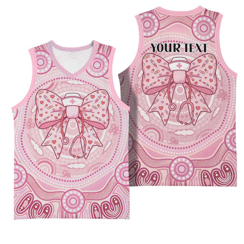 Aussie Nurse Personalised Basketball Jersey Pink Stethoscope Coquette Bow Aboriginal Dot Art