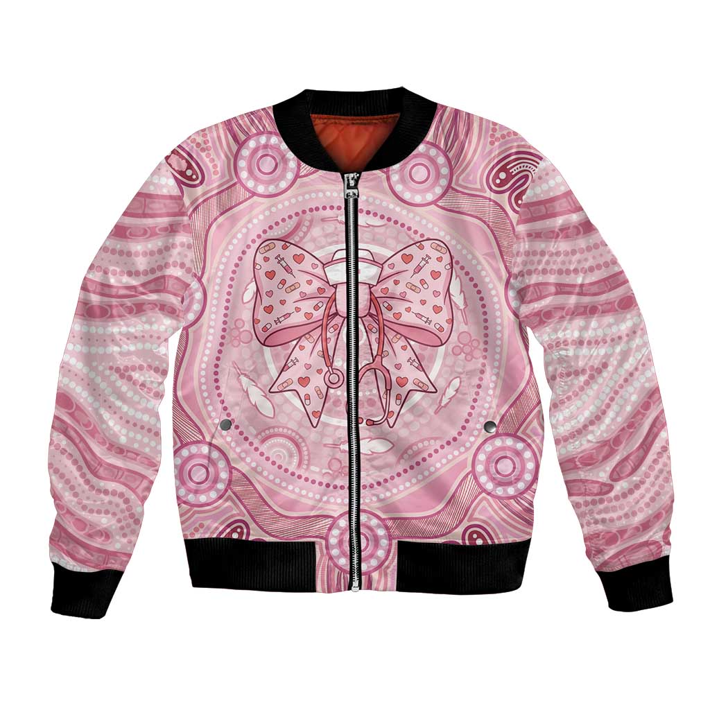 Aussie Nurse Personalised Bomber Jacket Pink Stethoscope Coquette Bow Aboriginal Dot Art