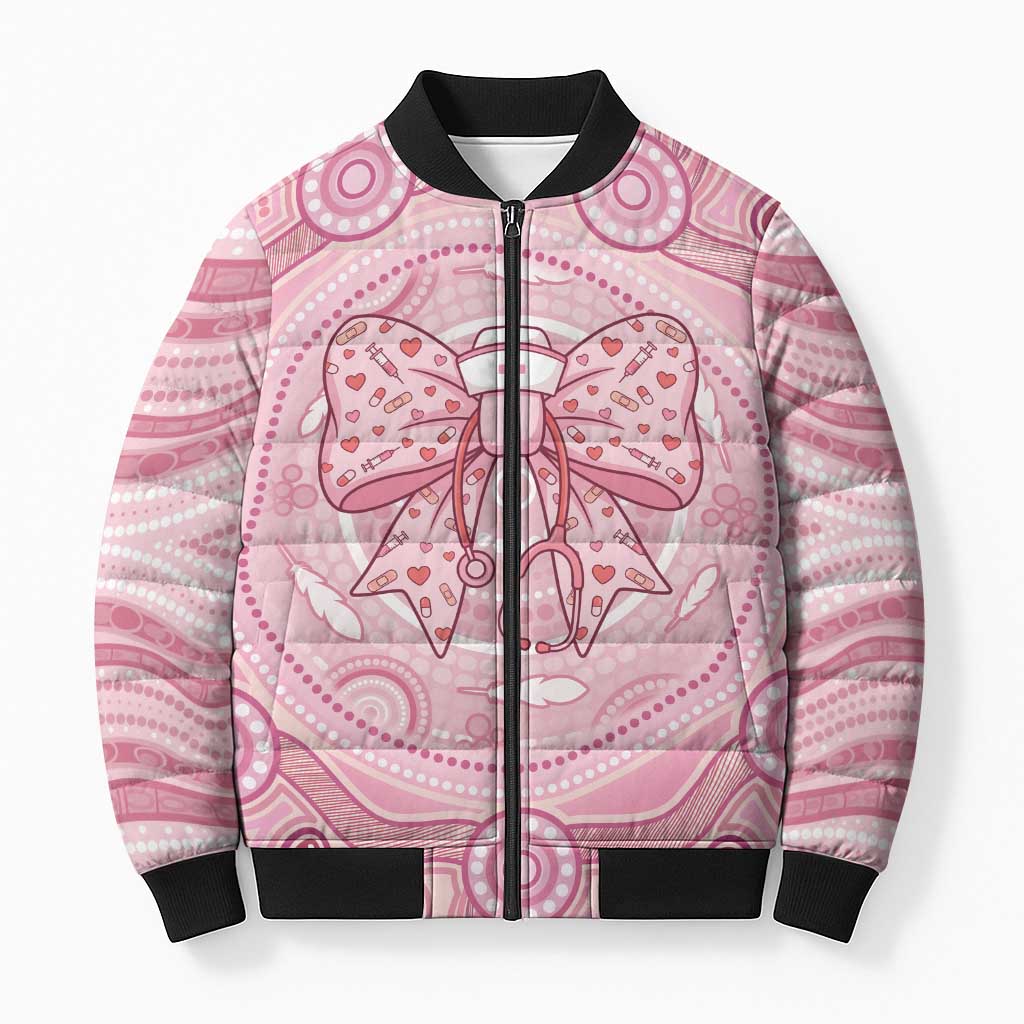 Aussie Nurse Personalised Bomber Puffer Jacket Pink Stethoscope Coquette Bow Aboriginal Dot Art